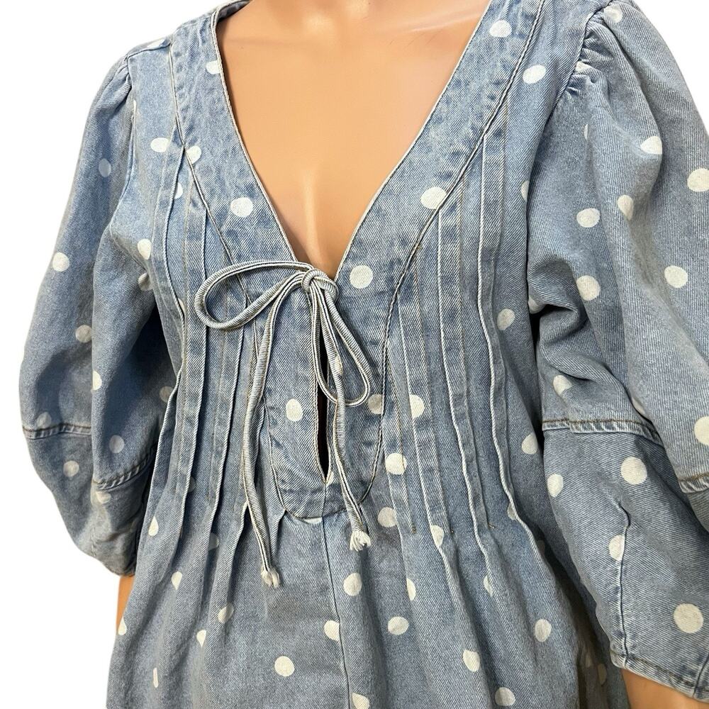 Peach Love California Polka Dot Denim Romper Large Oversized Puff Sleeve Pleated - Picture 2 of 10